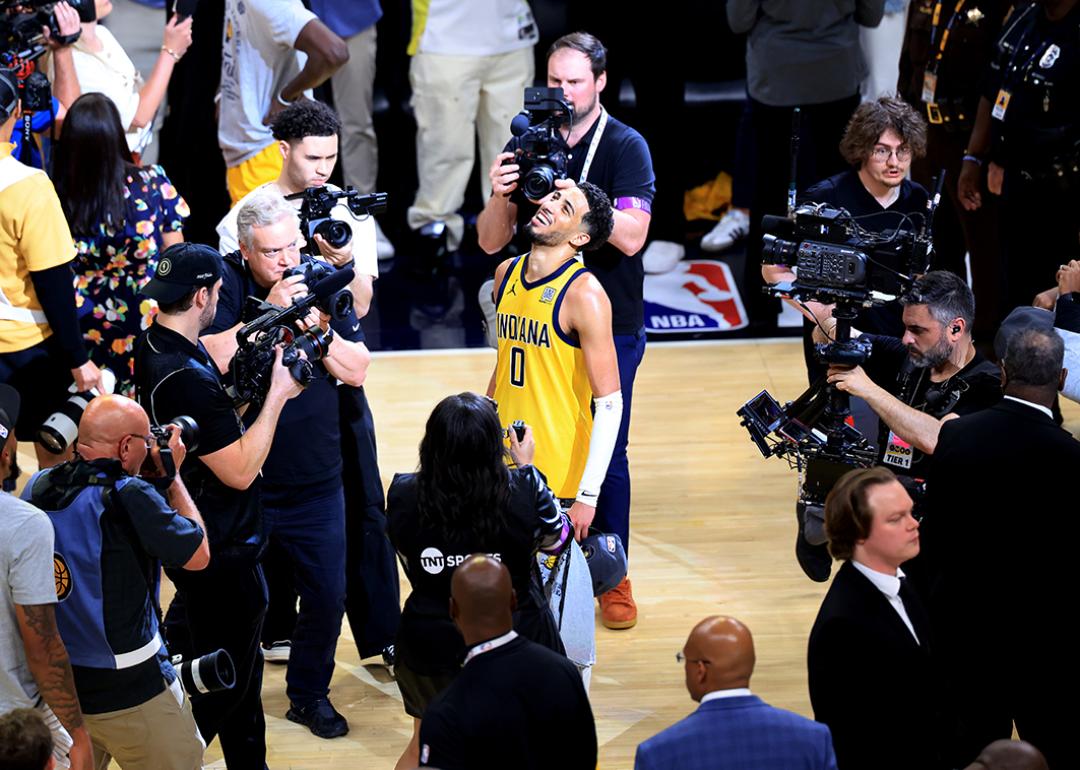 Tyrese Haliburton of the Indiana Pacers smiling after winning in Game Six of the Eastern Conference Finals of the 2025 NBA Playoffs.