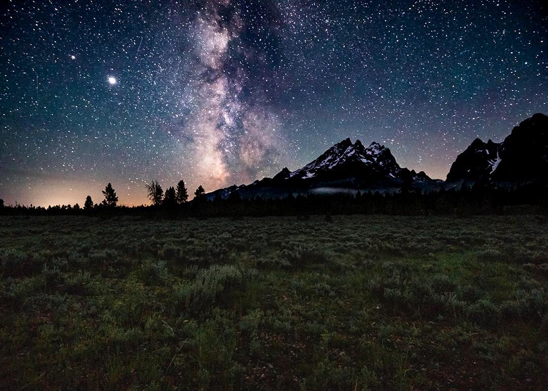 View of nighttime sky and stars from Grand Teton National Park near Jackson Hole, Wyoming.