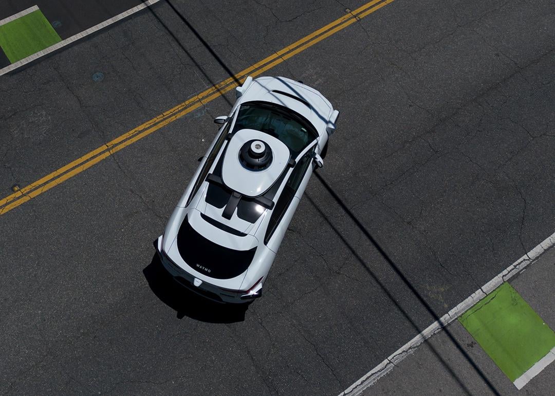 An aerial view of a Waymo vehicle on a street in Santa Monica, California.
