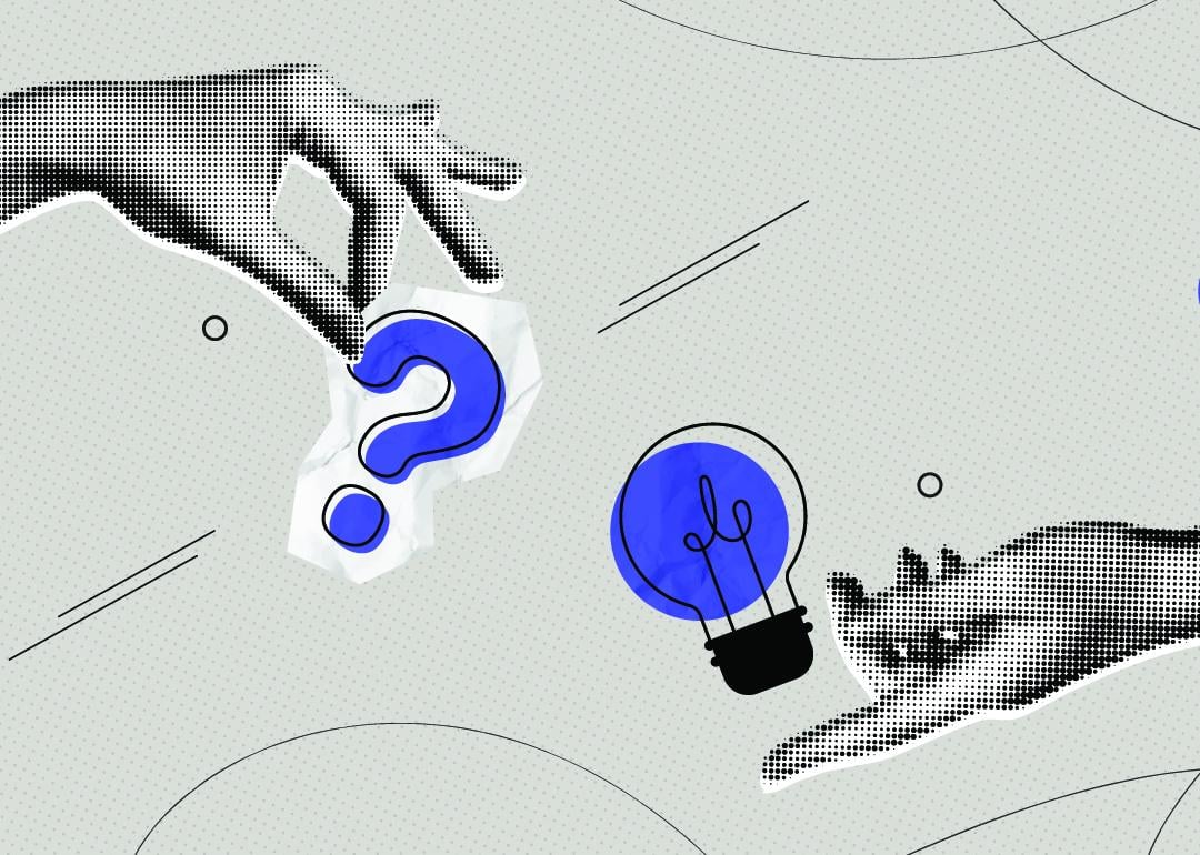 Problem-solving concept illustrated with halftone collage of two hands holding a lightbulb and a question mark.