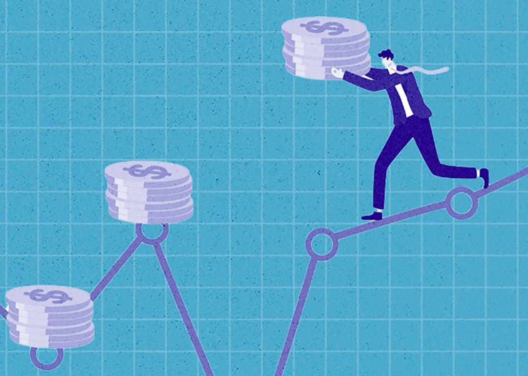 Custom illustration of a businessman carrying a stack of coins walking on a path towards more coins.