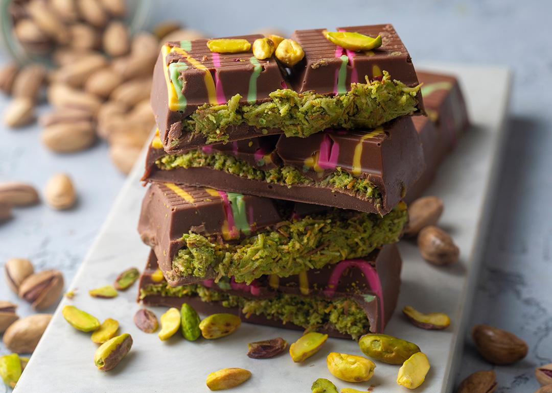 Bars of the trending Dubai chocolate with pistachio paste and kataifi dough.