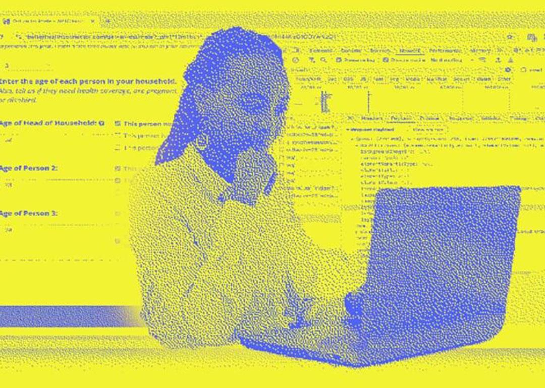 Illustration showing person using laptop with personal information in the background symbolizing the threat of private data at risk of being shared.