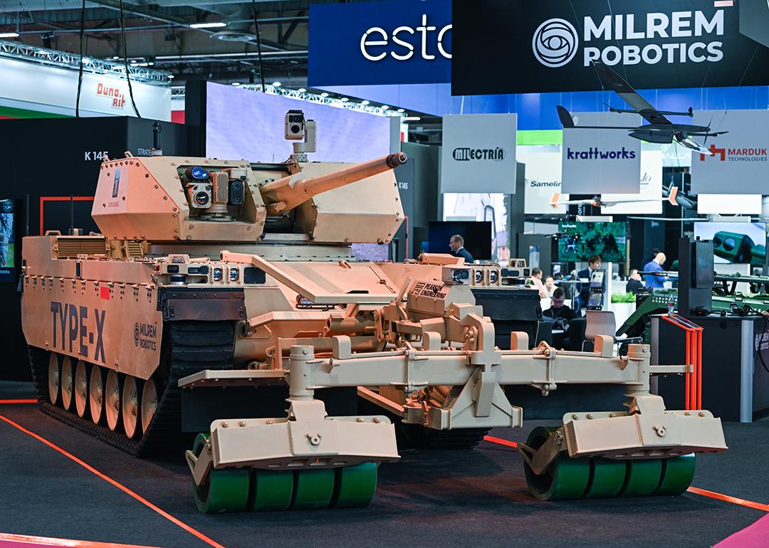Type-X Robotic Combat Vehicle configured for mine and route clearance by Milrem Robotics, at the Eurosatory Defense and Security expo, on June 21, 2024 in France.