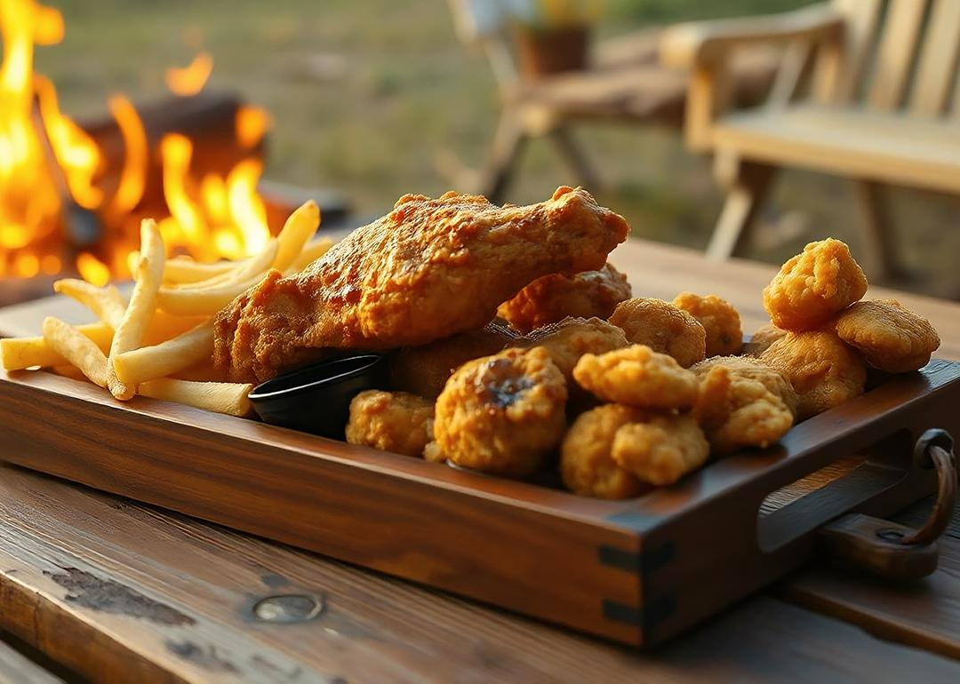 Plate of fries and fried chicken as part of a barbecue meal.