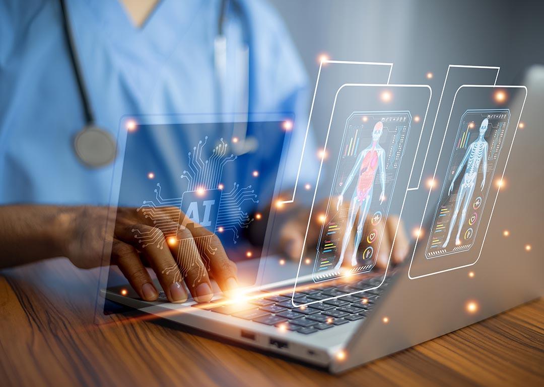 Medical professional using laptop with images symbolizing the use of AI overlaid on top.
