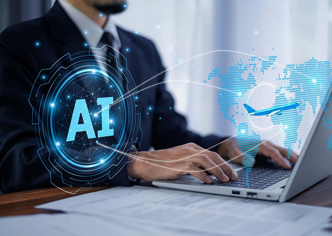Concept graphics of technology and AI over a background of a legal professional using a laptop.