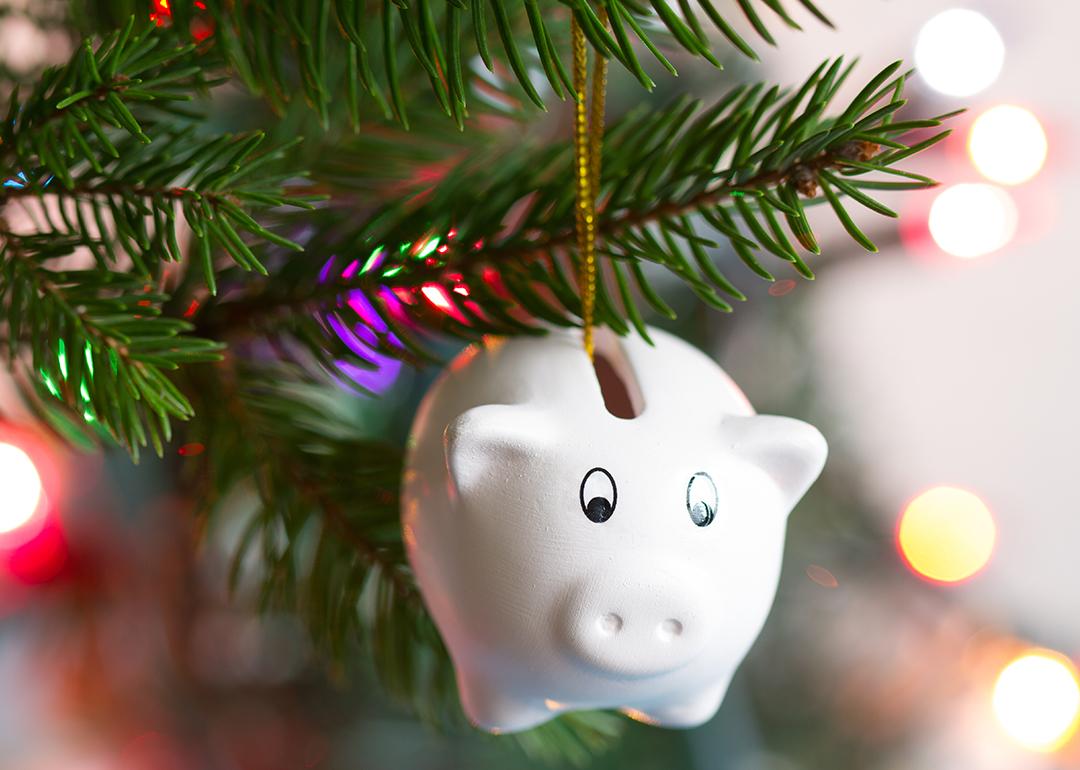 Piggy bank ornament on a Christmas tree.