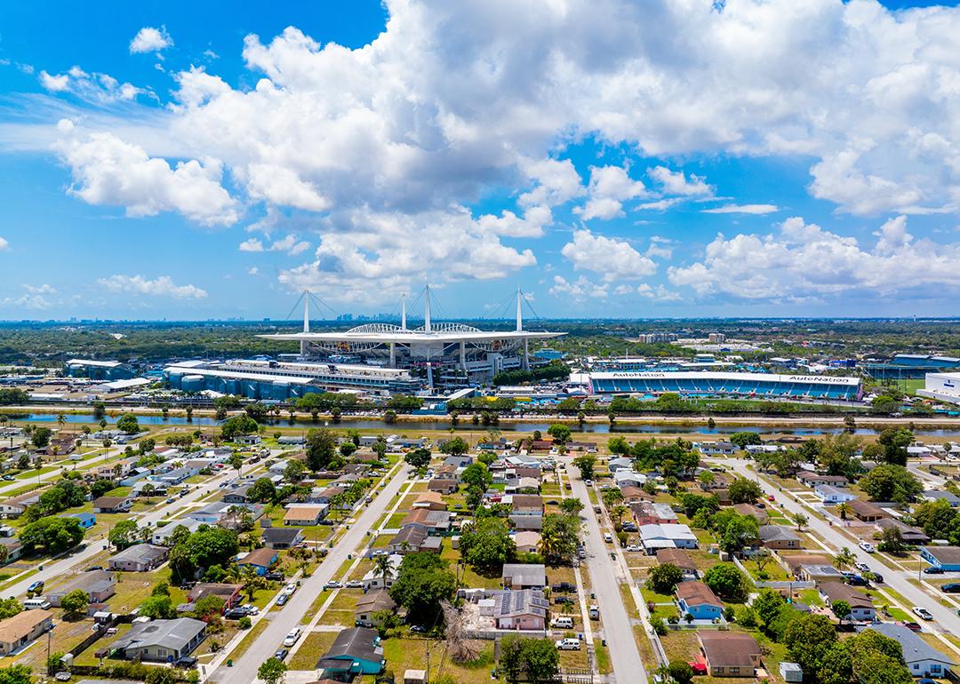 Aerial view of a residential area across the Hard Rock Stadium across in Miami, Florida.