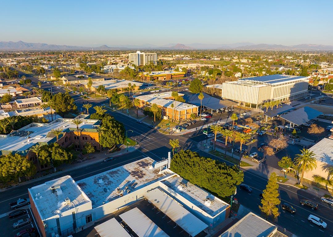 Aerial view on Center Street at Pepper Place at sunset, in Mesa, Arizona.
