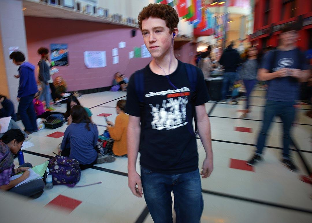 Blair HS junior Ben Miller, the first to register to vote in Takoma Park municipal elections, in the hallway of Blair high school on October, 29, 2013 in Silver Spring, MD.