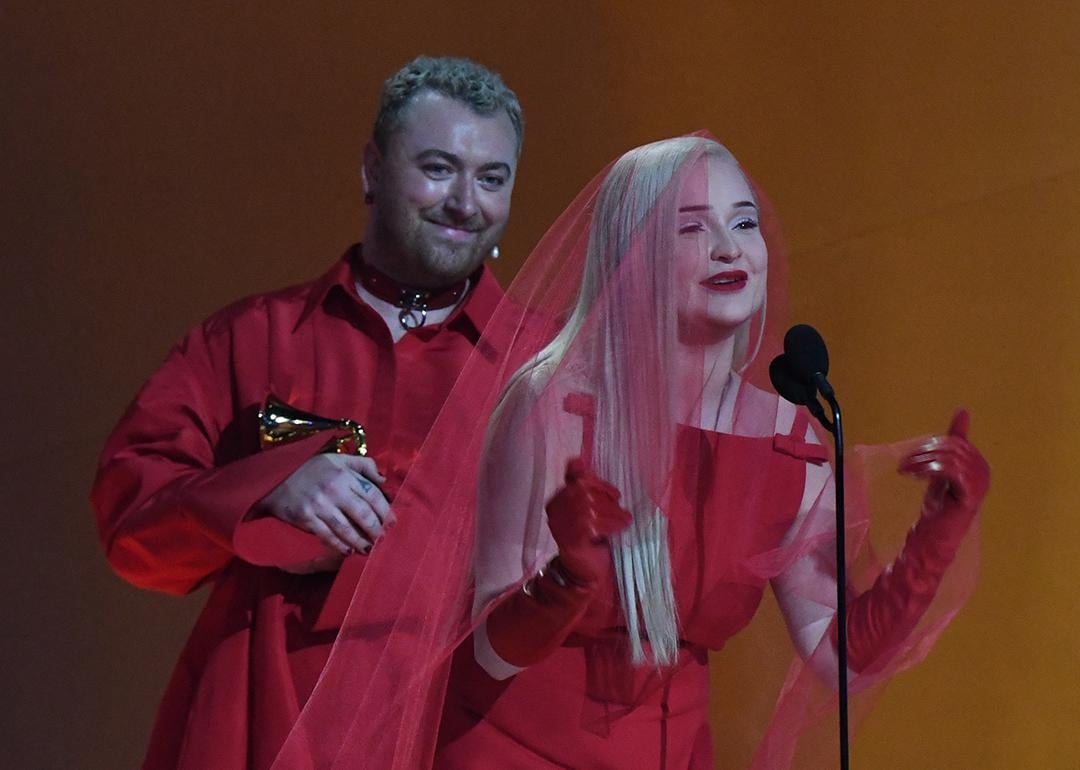 English singer-songwriter Sam Smith and German singer-songwriter Kim Petras accept the award for best Best Pop Duo/Group Performance during the 65th Annual Grammy Awards