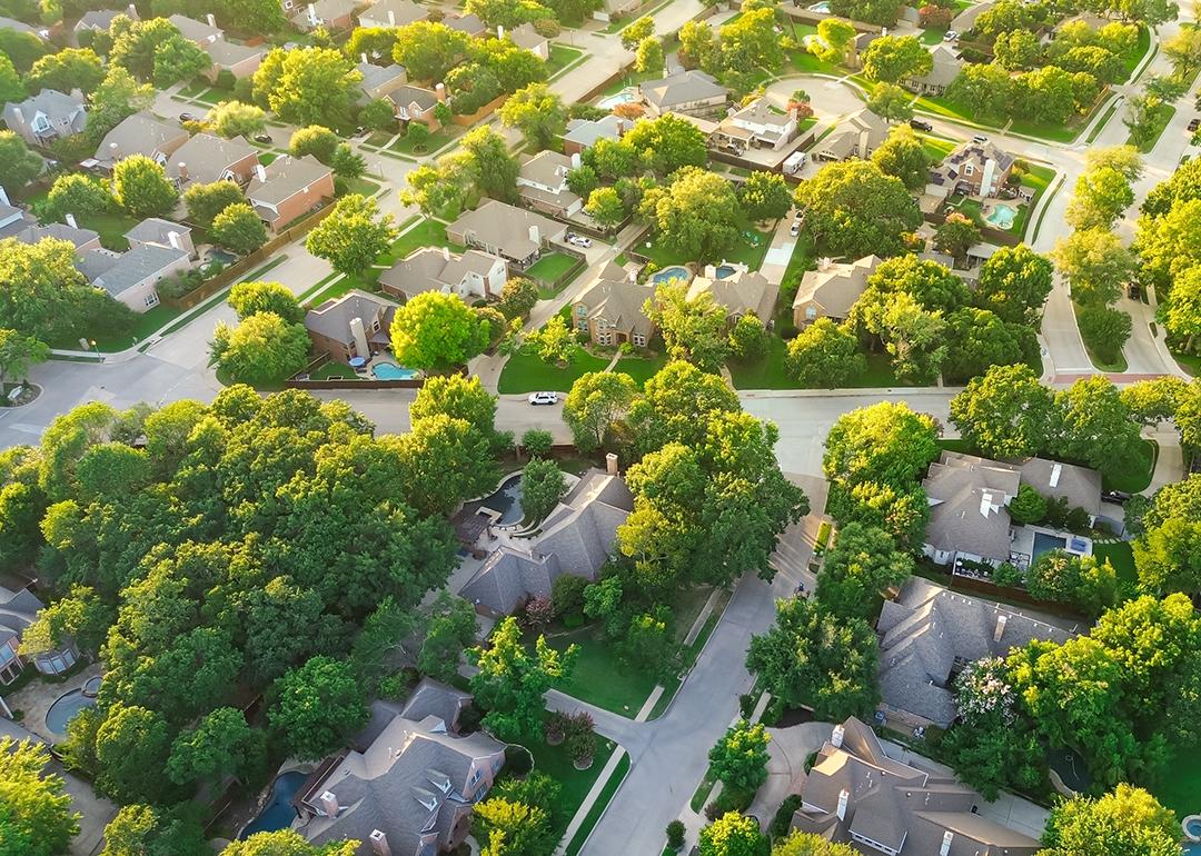 Aerial view of an upscale neighborhood in Dallas Fort Worth metroplex.