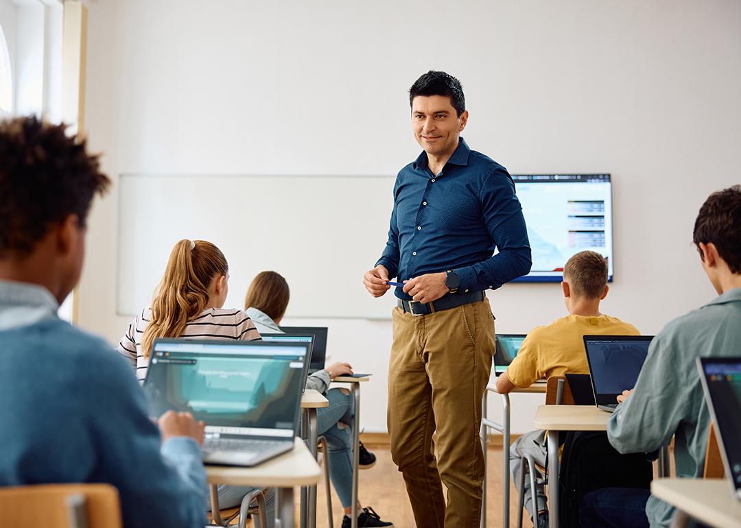 A high school teacher in the middle of his class.