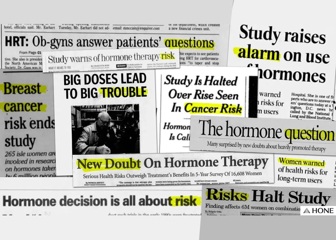 Illustration of newspapers with headlines about hormones.