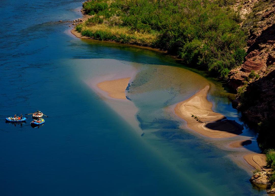 Rafts on the Colorado River as seen from Navajo Bridge in Ariz. on Tuesday, May 20, 2025.