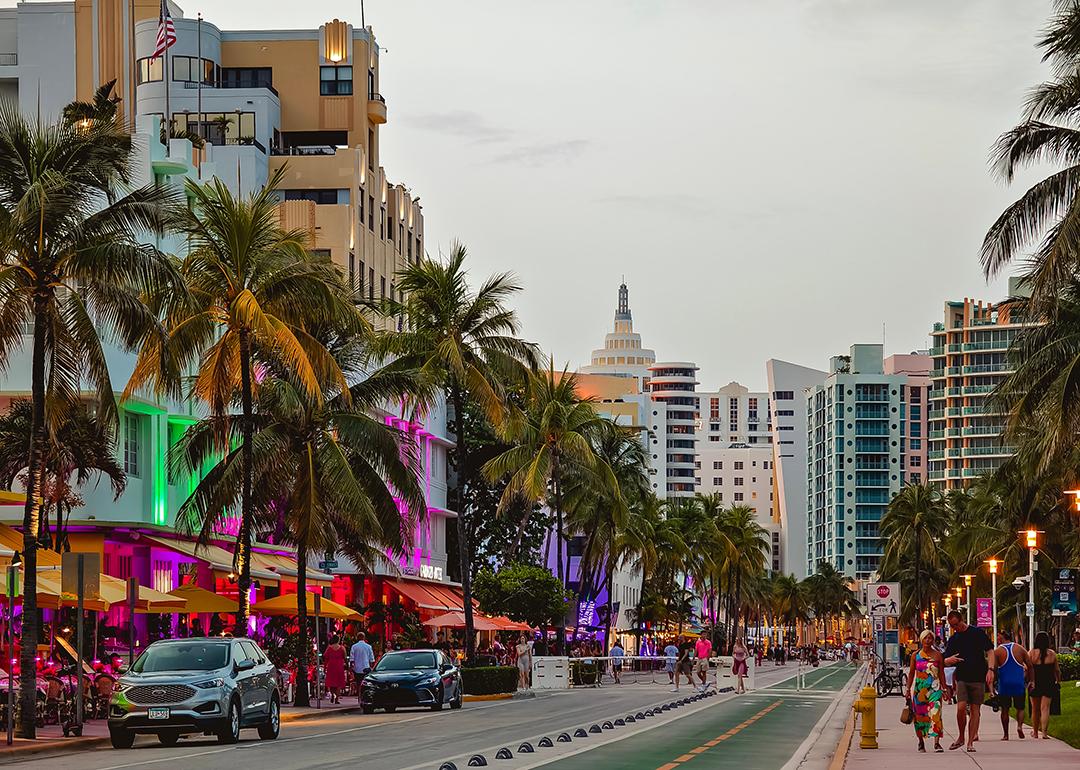 A sunset view of Ocean Drive in South Beach in Miami, Florida.