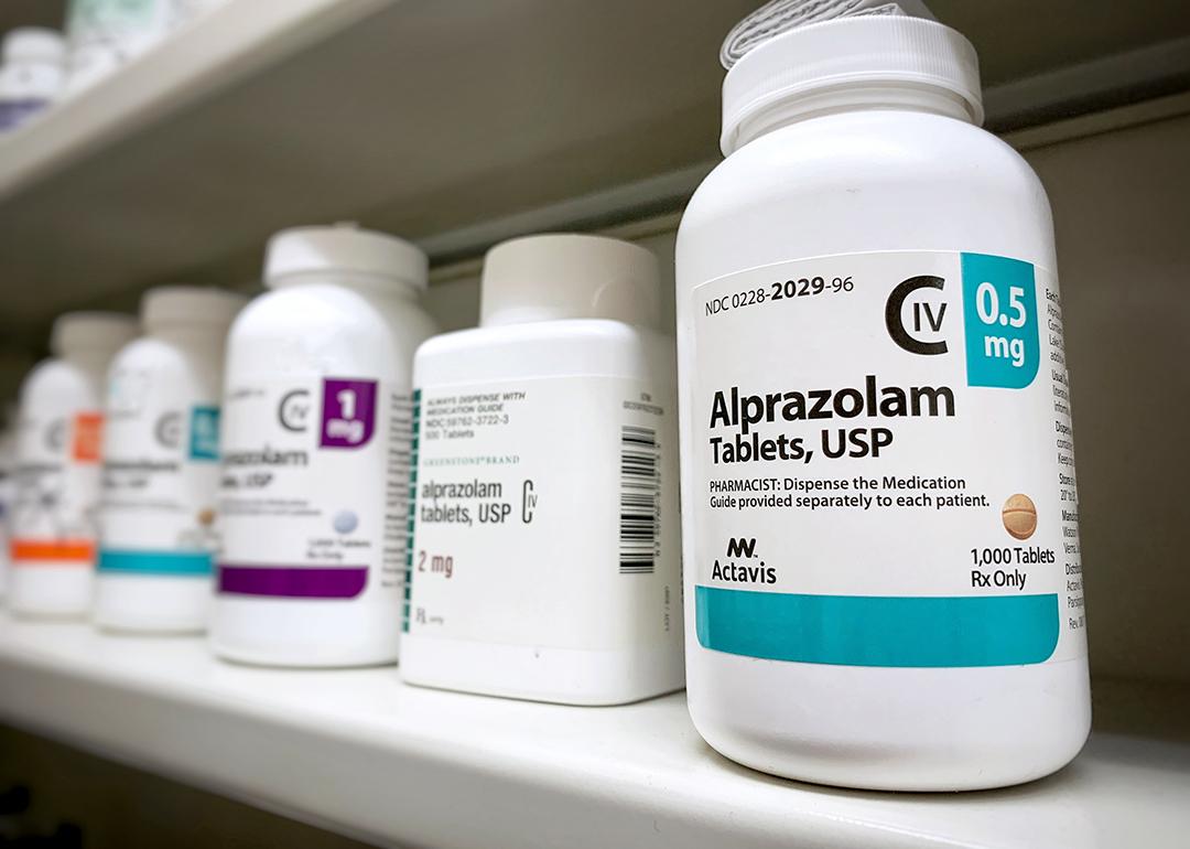 Bottles of Alprazolam bottle on a shelf.