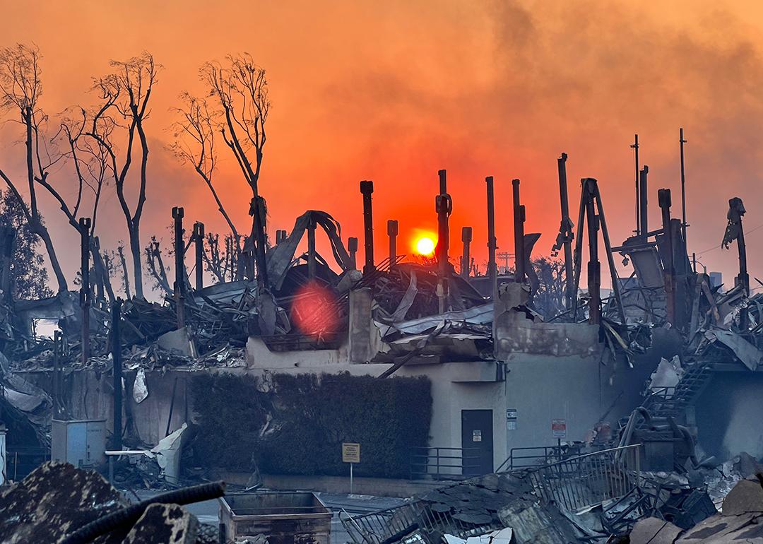 A luxury home reduced to charred pillars after the Palisades fires in Los Angeles, California.