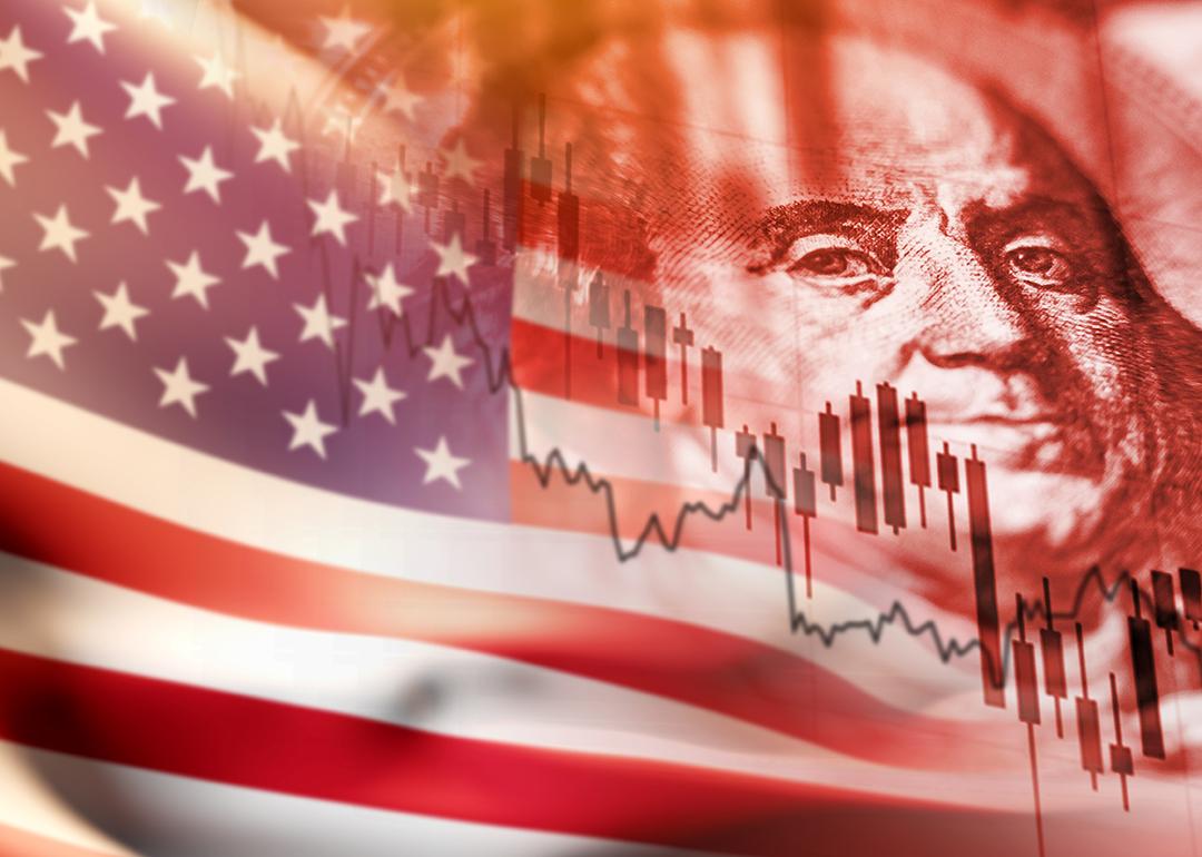 Concept illustration of U.S. stocks showing stock market graphic, U.S. flag and the U.S. dollar.