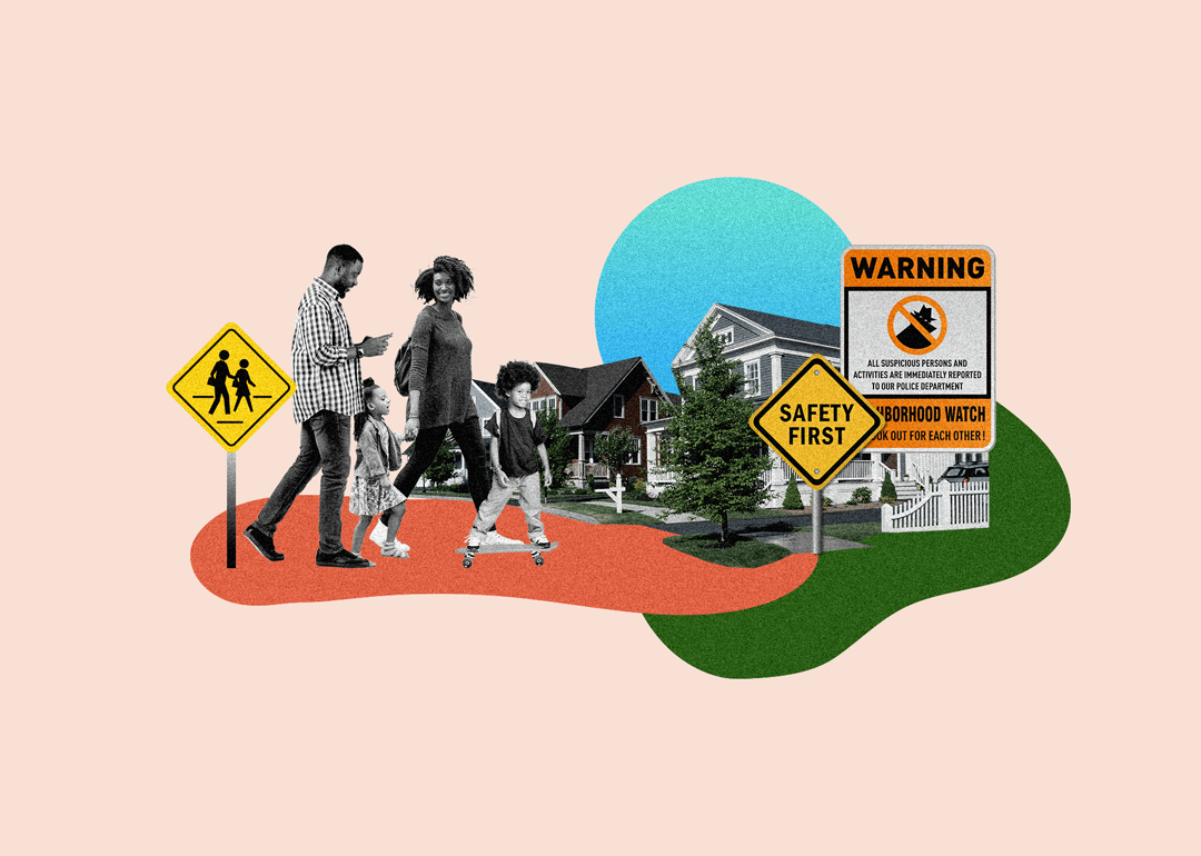 Custom graphic of a family in a safe neighborhood.