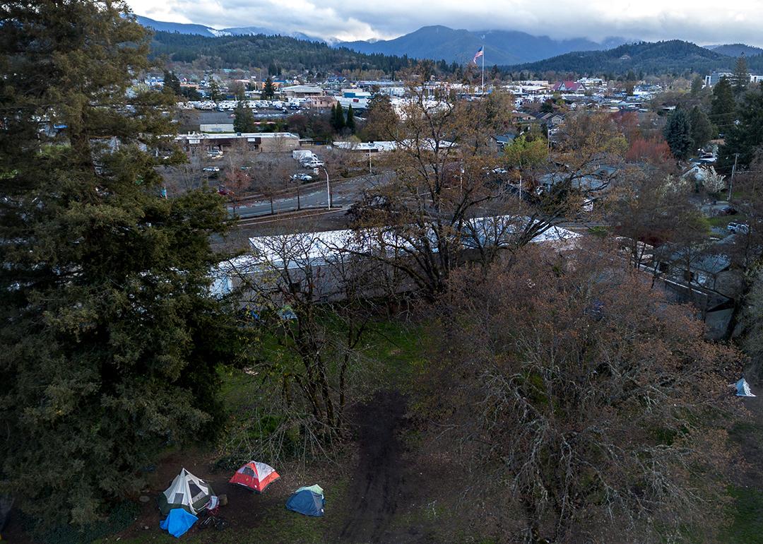 Unhoused people have set up a tent community at Riverside Park in Grants Pass, Oregon.