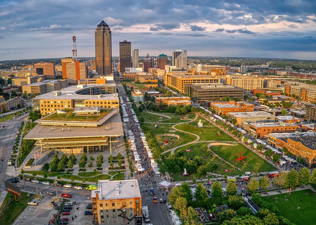 Aerial view of the Des Moines skyline in Iowa.