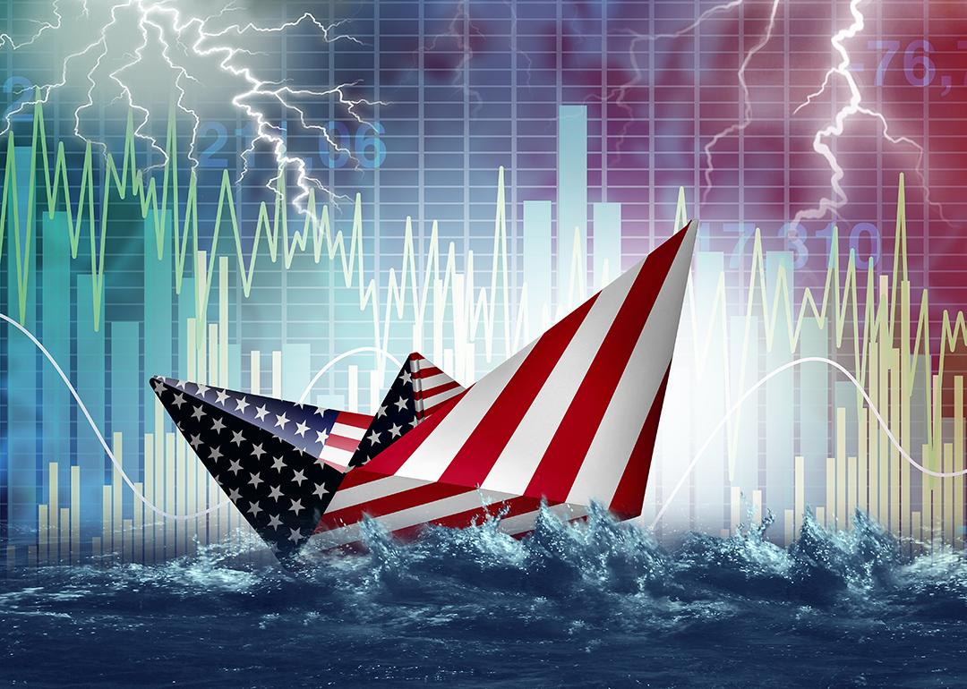 Illustration of a paper boat with the US flag as its skin with a background of finance markets and investment concepts.