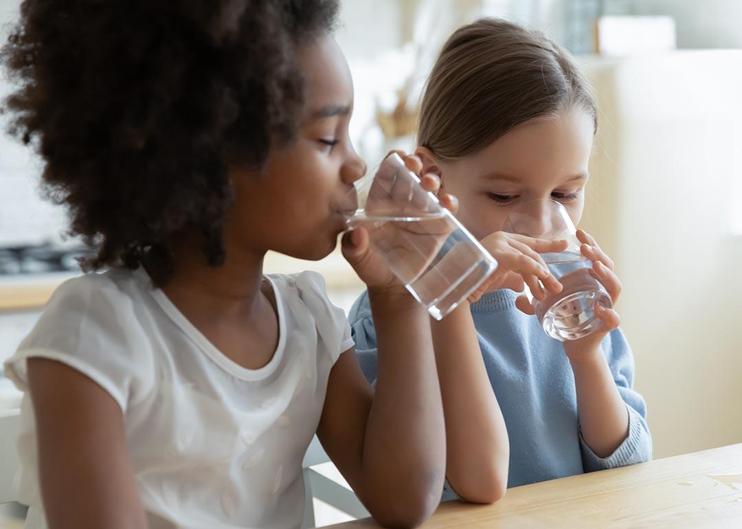 Two children, one Black with an afro and one light skinned child with long hair tied back sit at a table drinking glasses of water.