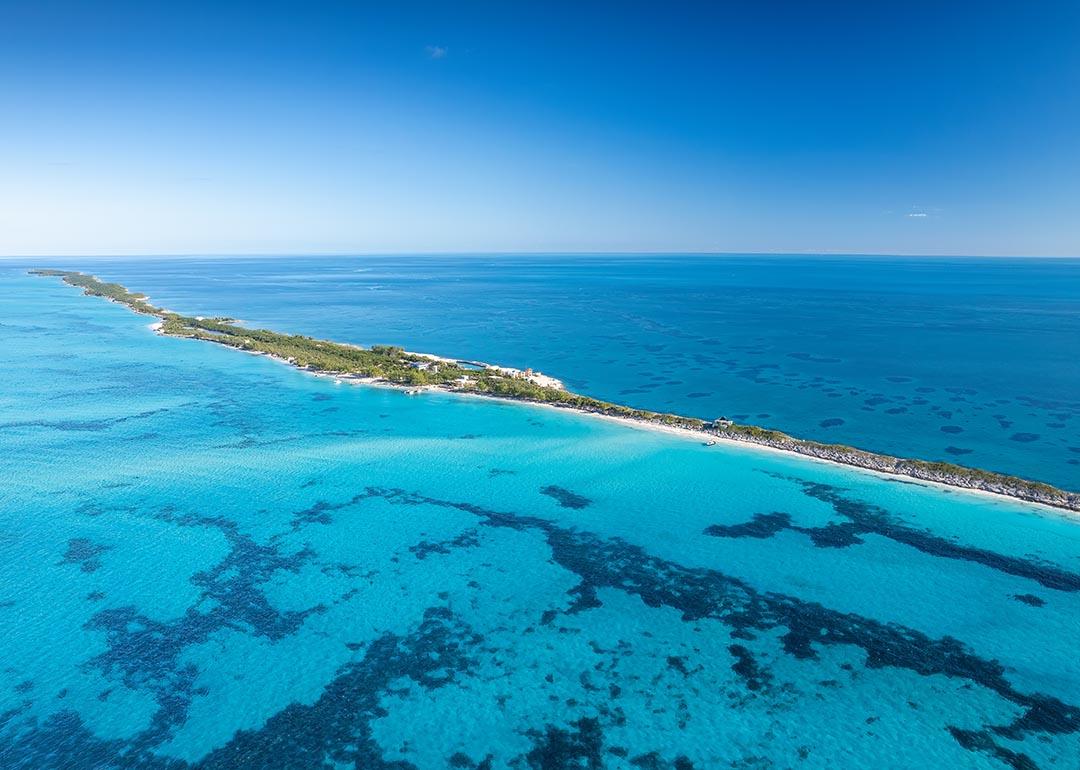 Drone panoramic view of Rose island, Bahamas, 5 kilometers east of Paradise Island.