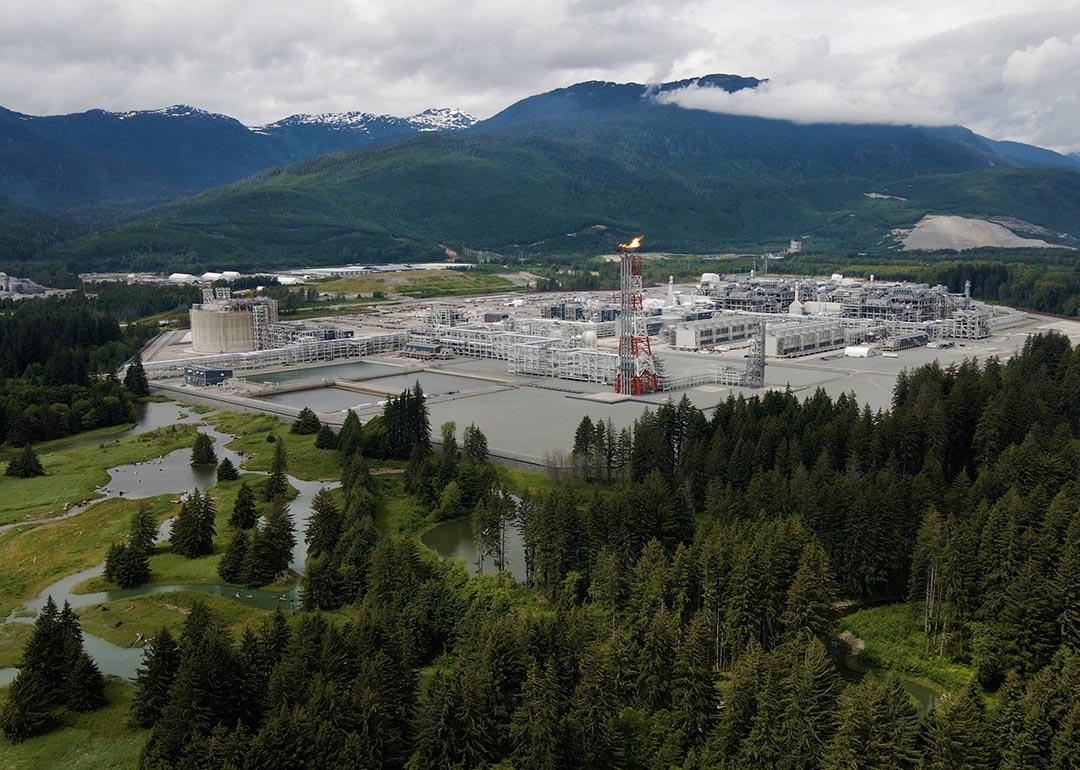 Aerial view of the LNG Canada site in Kitimat, B.C. with gas flare visible on June 26, 2025    