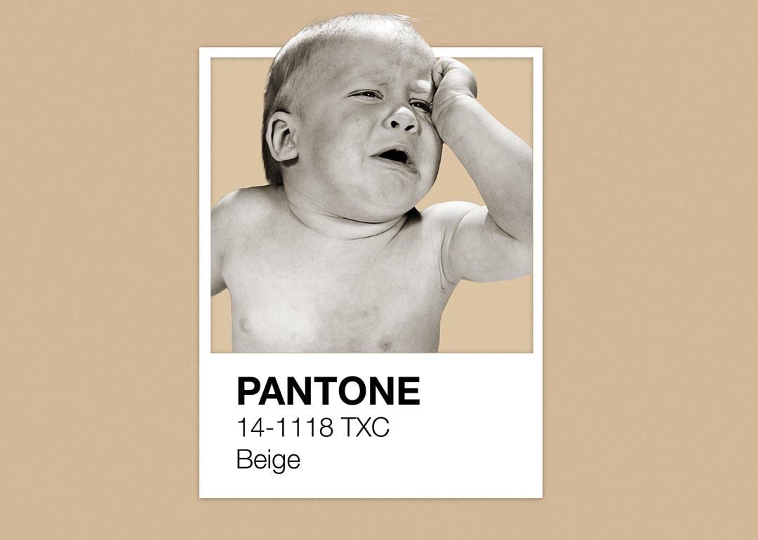 Illustration of crying baby above the pantone color card for beige, ona beige background.