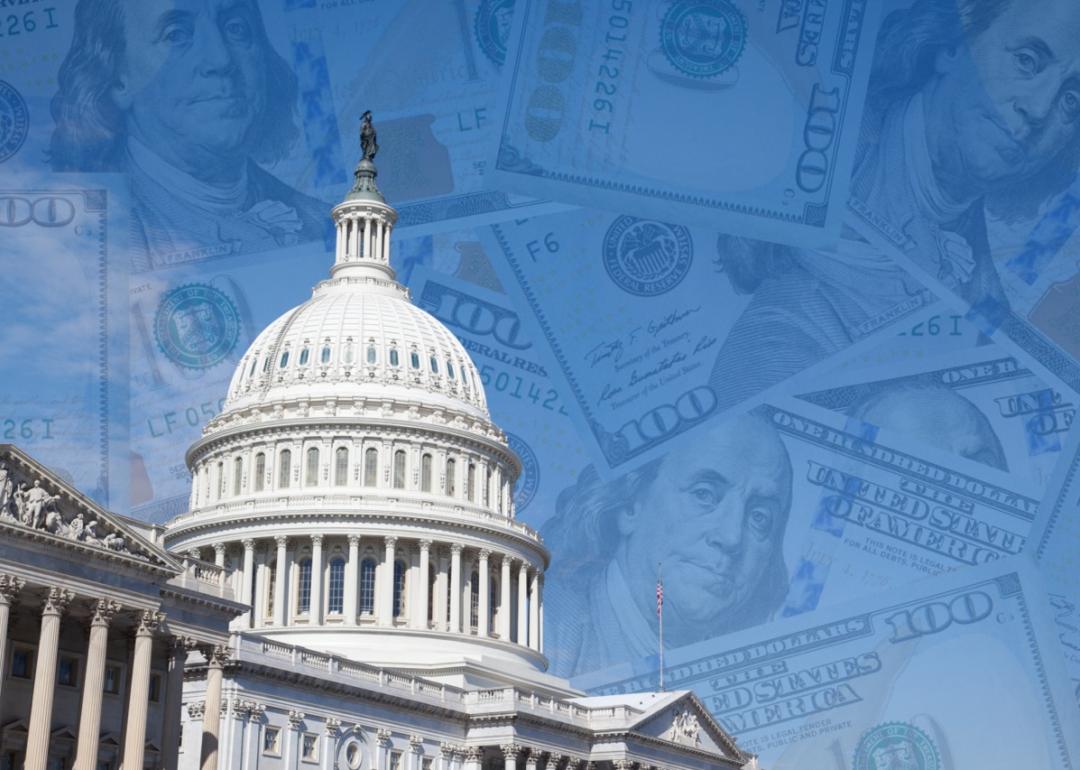 Cutout of U.S. capitol with 100 dollar banknotes layered over the blue sky.
