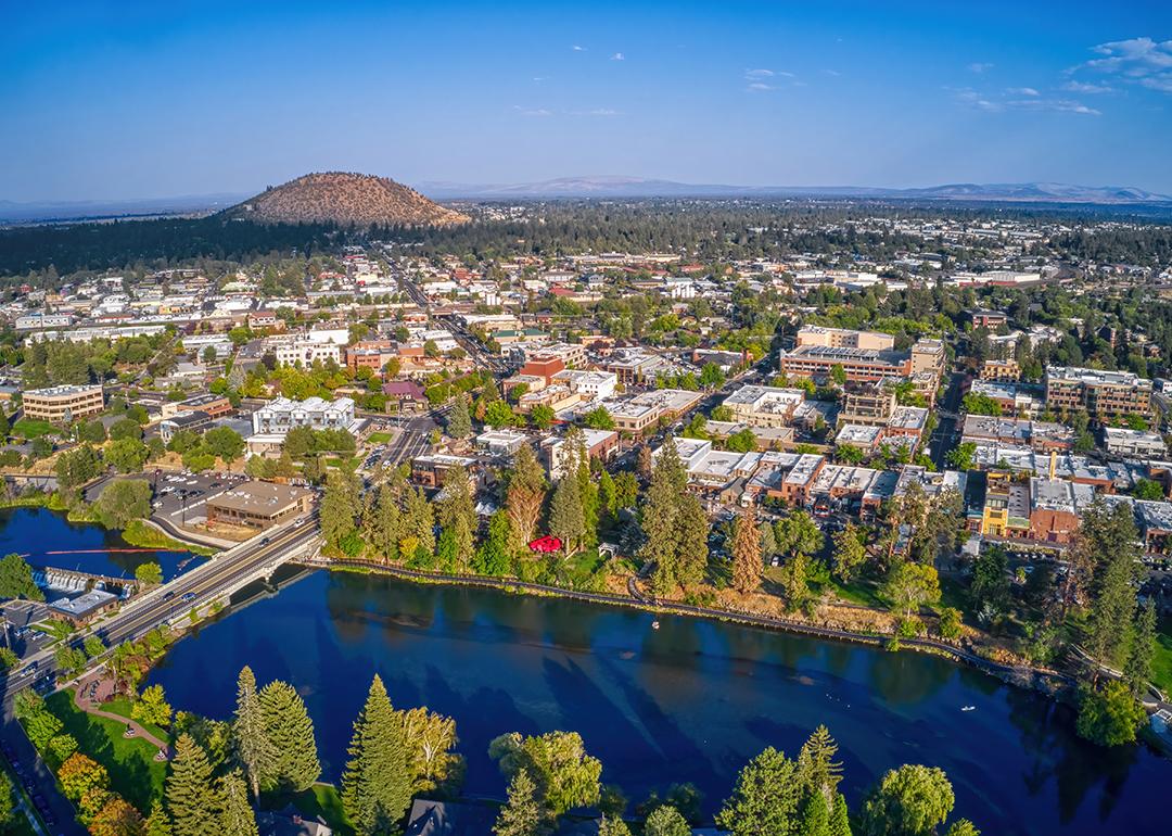 Aerial view of downtown landscape in Bend, Oregon.