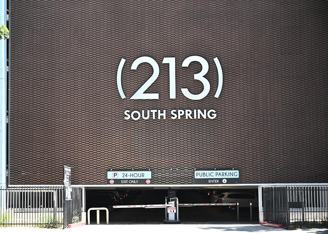 City area code "213" in South Spring on the LA Times parking garage facing Broadway in Los Angeles, California.