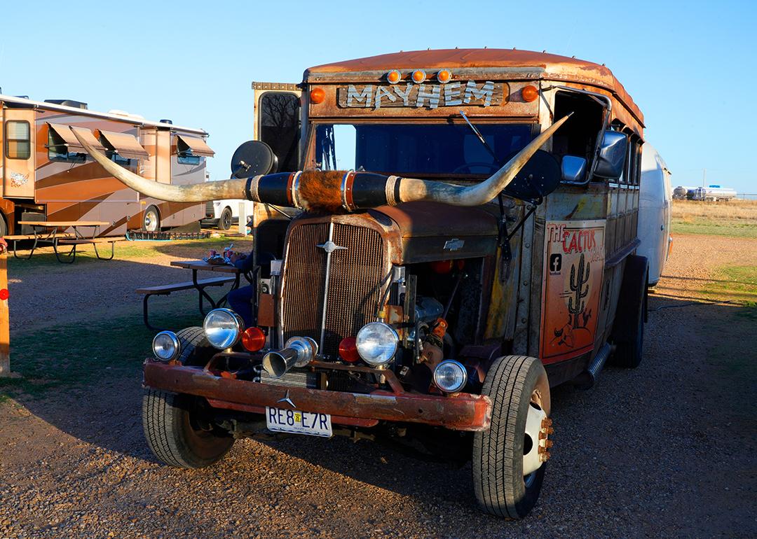 A school bus from 1939 converted into a Texas-style RV in Amarillo, Texas.