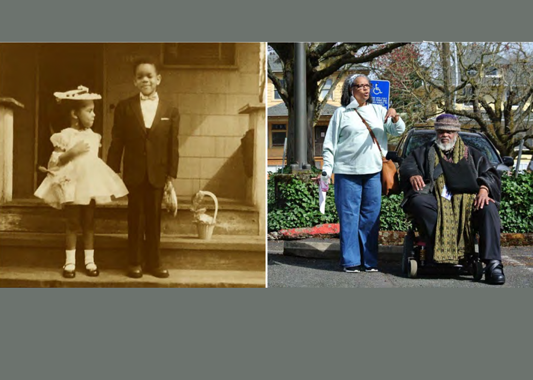 Elizabeth Fouther-Branch and Bobby Fouther stand in front of their great-aunt’s house in 1956 (left) and in a parking lot near where the house used to stand in 2020 (right).