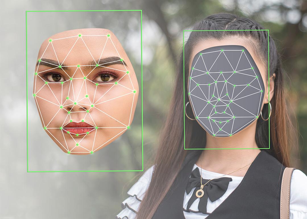 A woman's face cropped out and illustrated with a deepfake, matching facial movement graphics.