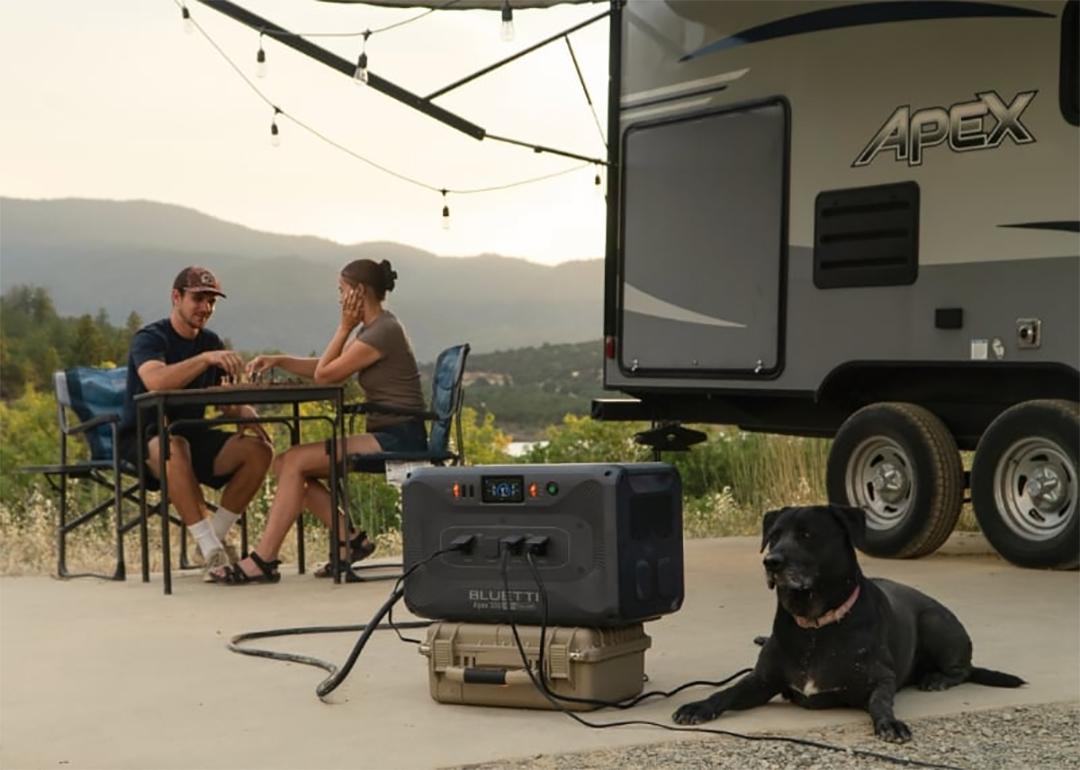 Couple at a table with a dog camping next to an RV.