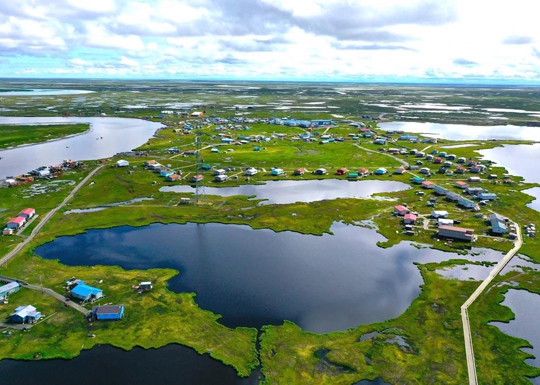 Aerial view of Kipnuk and surrounding bodies of water.