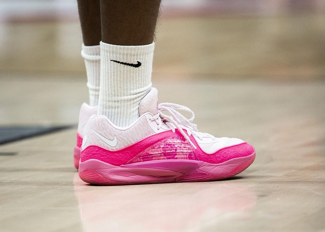 A detailed view of the KD 16 Aunt Pearl basketball shoes worn by Barry Brown Jr #55 of Umana Reyer Venezia during the LBA Lega Basket Serie A Round 8 match Novermber 2023 in Italy.