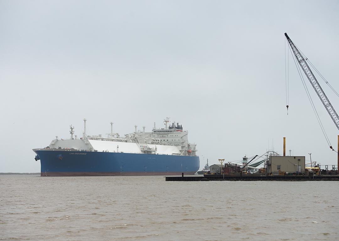 An LNG tanker makes its way into Cameron Pass, Louisiana.