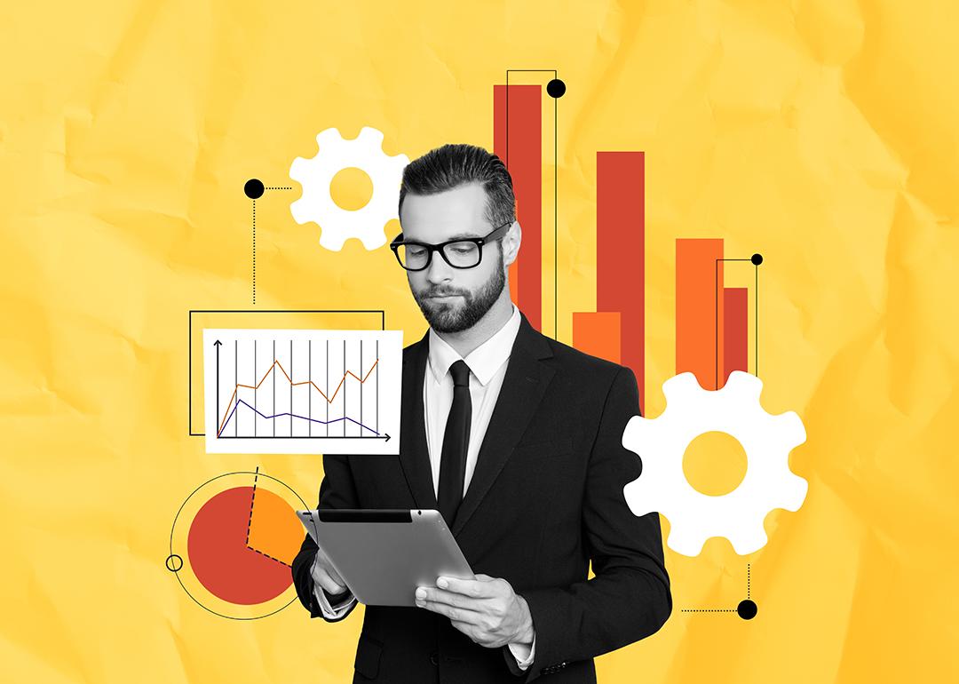 Collage of a finance businessman using a tablet illustrated with finance and analytics graphics.