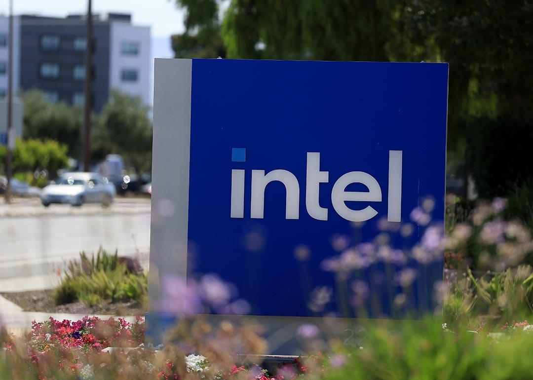 The blue Intel logo is displayed on a sign in front of Intel headquarters on July 16, 2025 in Santa Clara, California.