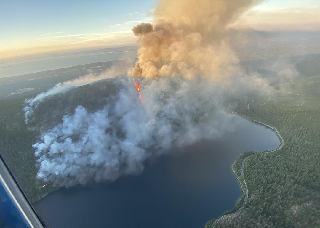 An aerial view of the Wesley Ridge wildfire on Vancouver Island in British Columbia, Canada on August 1, 2025.