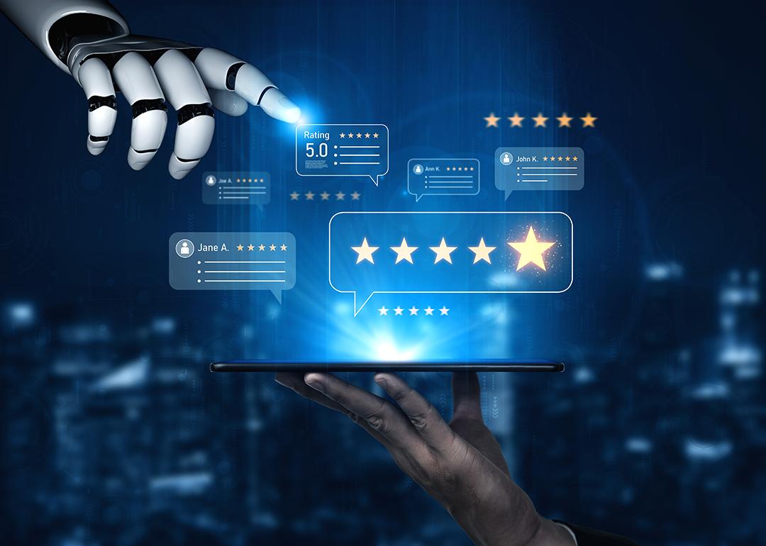 Customer review and rating system illustrated with AI concepts.