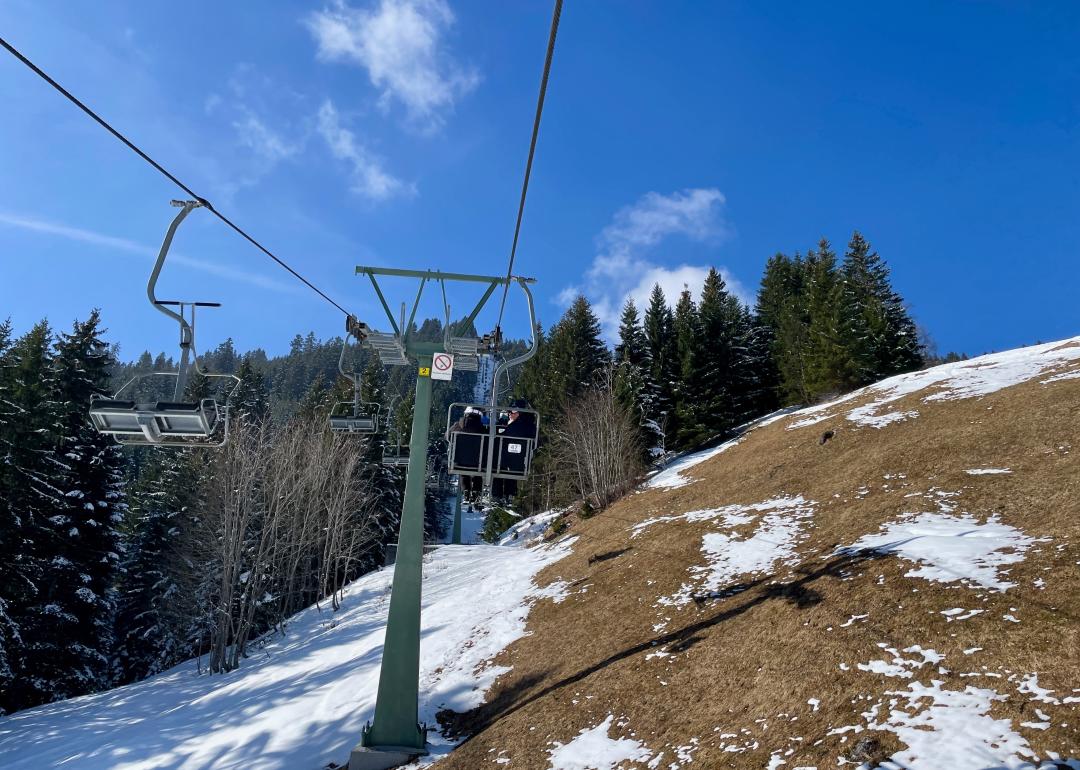 Skiing slopes with little to no snow even in winter due to climate change.
