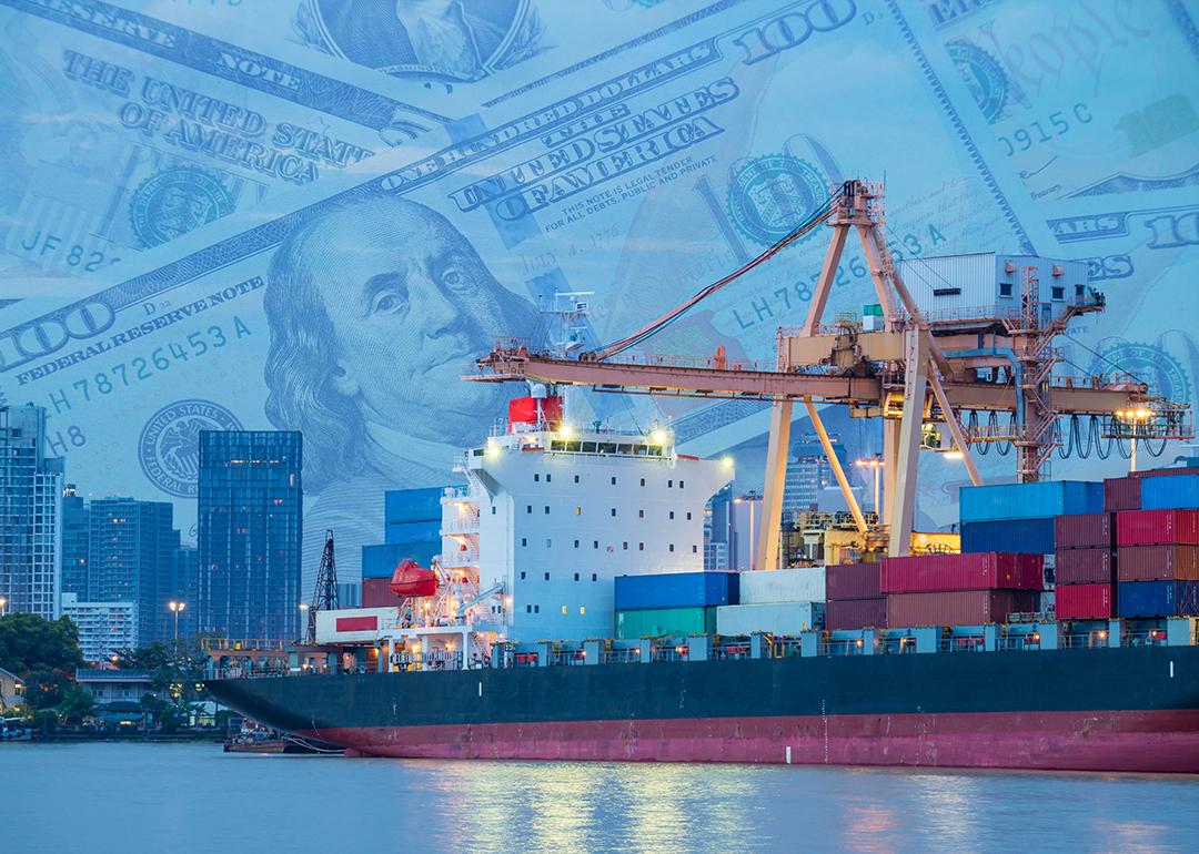 A crane loading a cargo ship at a shipping port.