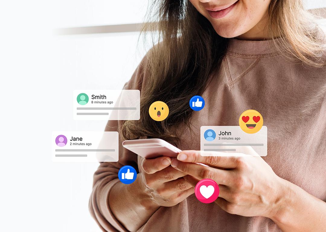A young woman on her phone illustrated with social media icons and graphics.