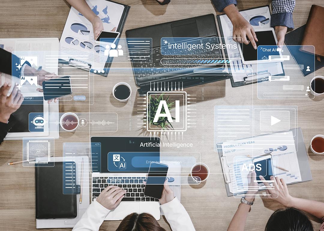 A business team meeting at a table illustrated with AI holographic effects.